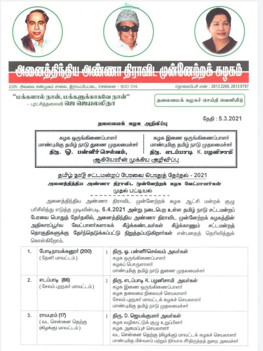 AIADMK officially announced the listed candidate for the election 2021
