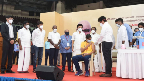 CM Stalin with the athletes in Chennai Nehru Indoor Stadium