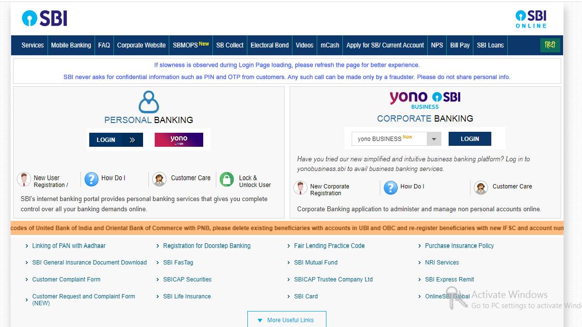 SBI Login Page